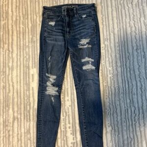 American Eagle Outfitters Women's Dark Blue Ripped Skinny Jeans